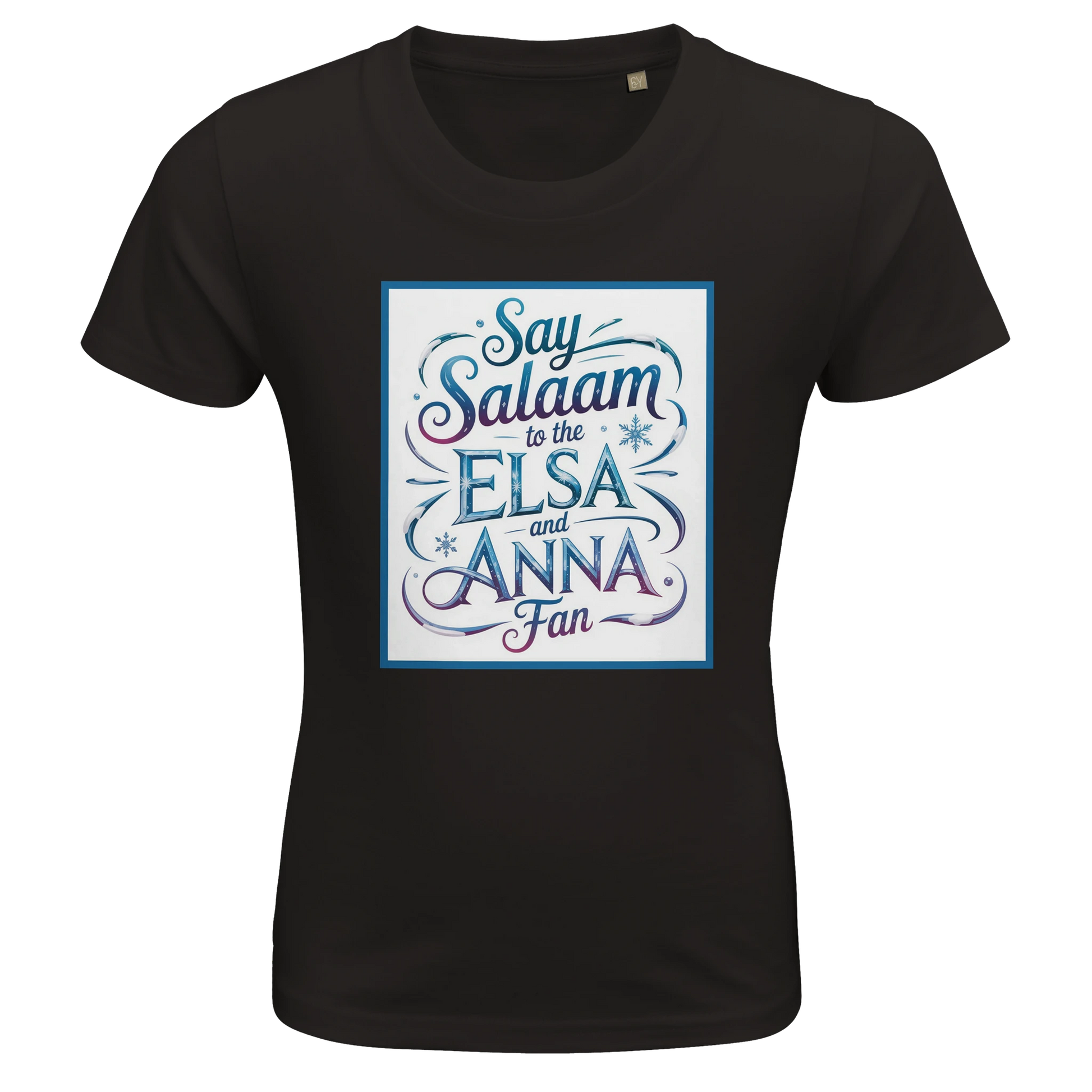 Say Salaam to the Elsa and Anna Fan Organic Kids Fitted T-Shirt (Deep Black / Jet Black). Kids t-shirt featuring a decorative illustrated square panel and playful lettering printed across the chest. The whimsical graphic styling reflects the magical winter storytelling loved by fans of the Disney Frozen movie and the pretty sisters Elsa and Anna. Soft organic cotton fabric provides cheap, breathable comfort and durability for everyday wear, Let It Go songs and animated Disney fairy-tale princess stories.