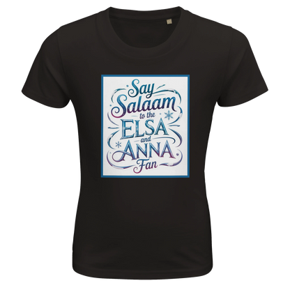 Say Salaam to the Elsa and Anna Fan Organic Kids Fitted T-Shirt (Deep Black / Jet Black). Kids t-shirt featuring a decorative illustrated square panel and playful lettering printed across the chest. The whimsical graphic styling reflects the magical winter storytelling loved by fans of the Disney Frozen movie and the pretty sisters Elsa and Anna. Soft organic cotton fabric provides cheap, breathable comfort and durability for everyday wear, Let It Go songs and animated Disney fairy-tale princess stories.