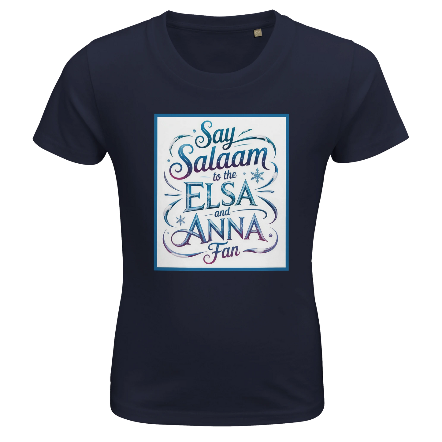 Say Salaam to the Elsa and Anna Fan Organic Kids Fitted T-Shirt (French Navy / Midnight Navy). Kids t-shirt featuring a decorative illustrated square panel and playful lettering printed across the chest. The elegant graphic styling reflects the magical storytelling loved by fans of the Disney Frozen movie and the adventurous sisters Elsa and Anna. Soft organic cotton fabric provides cheap, breathable comfort and durability for everyday wear, Let It Go songs and animated Disney fairy-tale princess stories.