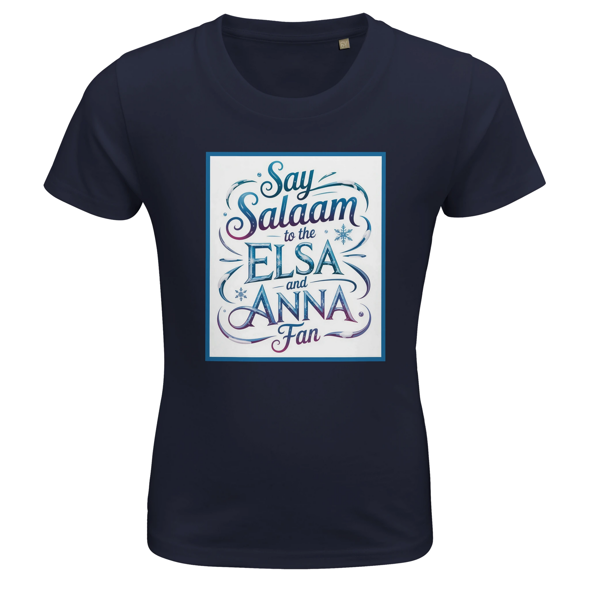 Say Salaam to the Elsa and Anna Fan Organic Kids Fitted T-Shirt (French Navy / Midnight Navy). Kids t-shirt featuring a decorative illustrated square panel and playful lettering printed across the chest. The elegant graphic styling reflects the magical storytelling loved by fans of the Disney Frozen movie and the adventurous sisters Elsa and Anna. Soft organic cotton fabric provides cheap, breathable comfort and durability for everyday wear, Let It Go songs and animated Disney fairy-tale princess stories.