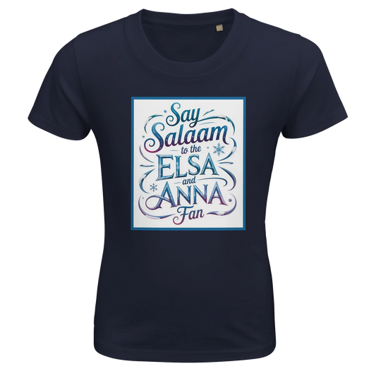 Say Salaam to the Elsa and Anna Fan Organic Kids Fitted T-Shirt (French Navy / Midnight Navy). Kids t-shirt featuring a decorative illustrated square panel and playful lettering printed across the chest. The elegant graphic styling reflects the magical storytelling loved by fans of the Disney Frozen movie and the adventurous sisters Elsa and Anna. Soft organic cotton fabric provides cheap, breathable comfort and durability for everyday wear, Let It Go songs and animated Disney fairy-tale princess stories.