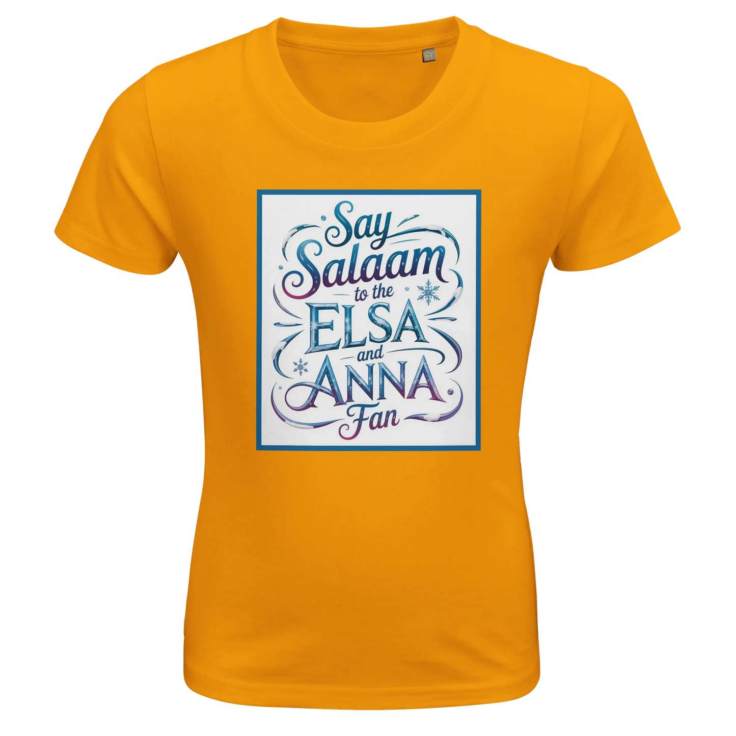 Say Salaam to the Elsa and Anna Fan Organic Kids Fitted T-Shirt (Gold / Honey Gold / Warm Amber). Kids t-shirt featuring a decorative illustrated square panel and playful lettering printed across the chest. The swirling graphic design reflects the magical storytelling associated with the Disney Frozen movie and the sisters Elsa and Anna. Soft organic cotton fabric offers breathable comfort and durability for everyday children’s clothing, Let It Go sing-alongs and animated Disney fairy-tale princess films.