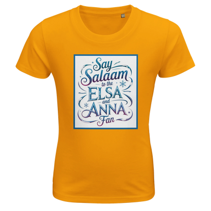 Say Salaam to the Elsa and Anna Fan Organic Kids Fitted T-Shirt (Gold / Honey Gold / Warm Amber). Kids t-shirt featuring a decorative illustrated square panel and playful lettering printed across the chest. The swirling graphic design reflects the magical storytelling associated with the Disney Frozen movie and the sisters Elsa and Anna. Soft organic cotton fabric offers breathable comfort and durability for everyday children’s clothing, Let It Go sing-alongs and animated Disney fairy-tale princess films.