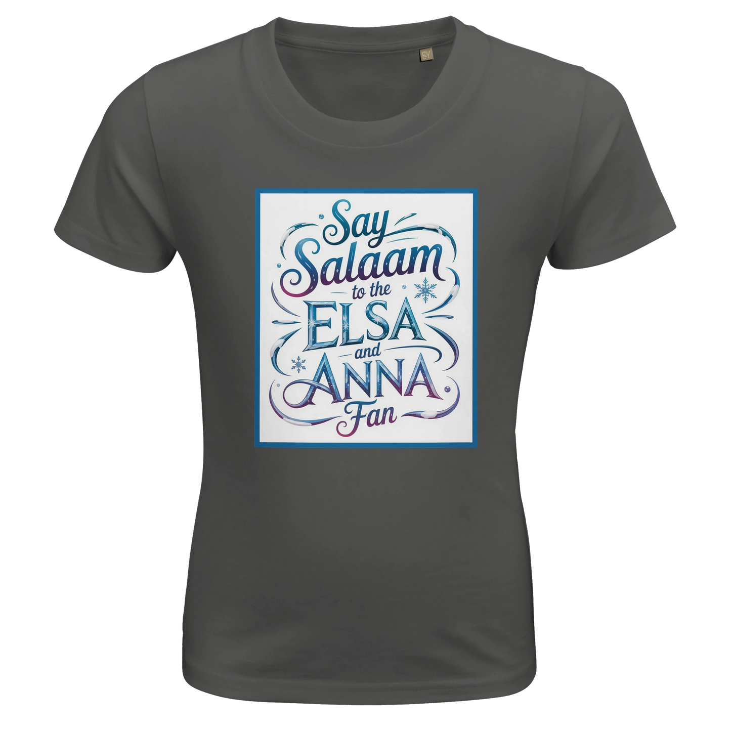 Say Salaam to the Elsa and Anna Fan Organic Kids Fitted T-Shirt (Grey Melange / Heather Grey / Marl Grey). Kids t-shirt featuring a decorative illustrated square panel and playful lettering printed across the chest. The whimsical graphic styling reflects the magical winter storytelling associated with the Disney Frozen movie and the sisters Elsa and Anna. Soft organic cotton fabric offers breathable comfort and a natural finish for everyday children’s clothing, Let It Go songs and Disney princess films.