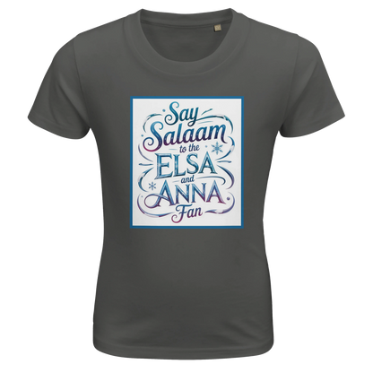 Say Salaam to the Elsa and Anna Fan Organic Kids Fitted T-Shirt (Grey Melange / Heather Grey / Marl Grey). Kids t-shirt featuring a decorative illustrated square panel and playful lettering printed across the chest. The whimsical graphic styling reflects the magical winter storytelling associated with the Disney Frozen movie and the sisters Elsa and Anna. Soft organic cotton fabric offers breathable comfort and a natural finish for everyday children’s clothing, Let It Go songs and Disney princess films.