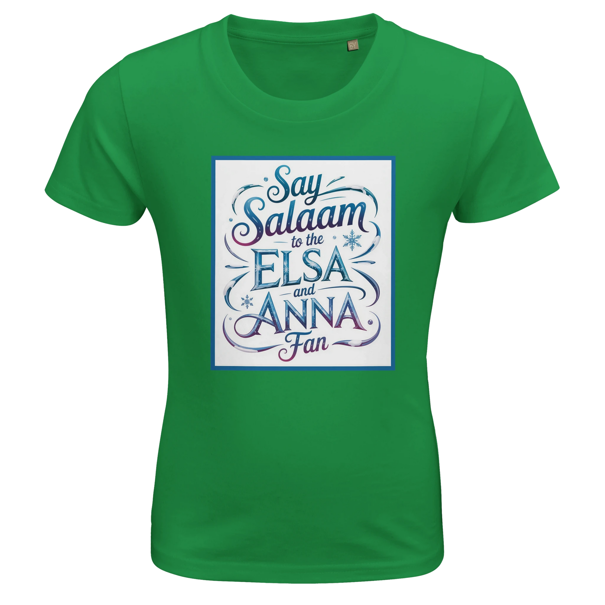 Say Salaam to the Elsa and Anna Fan Organic Kids Fitted T-Shirt (Kelly Green / Emerald Green / Meadow Green). Kids t-shirt featuring a decorative illustrated square panel and playful lettering printed across the chest. The whimsical graphic design echoes the magical storytelling loved by fans of the Disney Frozen movie and the pretty sisters Elsa and Anna. Soft organic cotton fabric provides breathable comfort and a natural finish for everyday children’s clothing, Let It Go sing-alongs & Disney princesses.