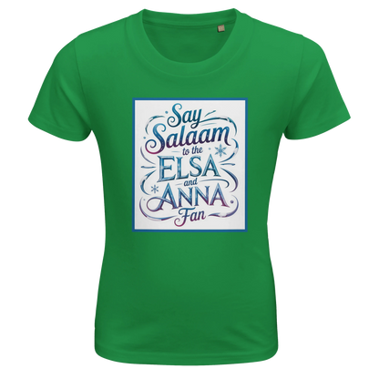 Say Salaam to the Elsa and Anna Fan Organic Kids Fitted T-Shirt (Kelly Green / Emerald Green / Meadow Green). Kids t-shirt featuring a decorative illustrated square panel and playful lettering printed across the chest. The whimsical graphic design echoes the magical storytelling loved by fans of the Disney Frozen movie and the pretty sisters Elsa and Anna. Soft organic cotton fabric provides breathable comfort and a natural finish for everyday children’s clothing, Let It Go sing-alongs & Disney princesses.