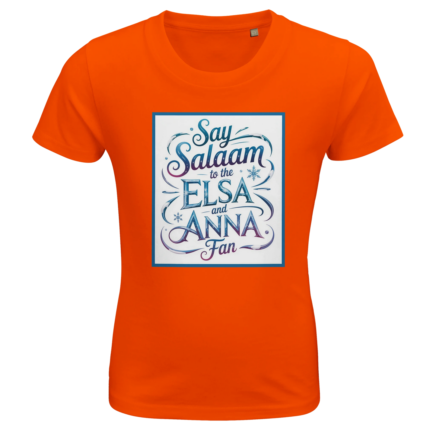 Say Salaam to the Elsa and Anna Fan Organic Kids Fitted T-Shirt (Orange / Bright Tangerine / Sunset Orange). Kids t-shirt featuring a decorative illustrated square panel and playful lettering printed across the chest. The expressive graphic styling reflects the magical winter storytelling loved by fans of the Disney Frozen movie and the sisters Elsa and Anna. Soft organic cotton fabric offers breathable comfort and a smooth natural finish for everyday wear, Let It Go music and animated fairy-tale films.