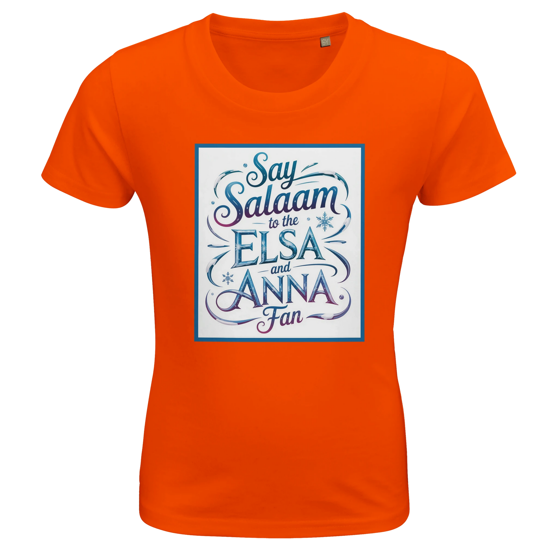 Say Salaam to the Elsa and Anna Fan Organic Kids Fitted T-Shirt (Orange / Bright Tangerine / Sunset Orange). Kids t-shirt featuring a decorative illustrated square panel and playful lettering printed across the chest. The expressive graphic styling reflects the magical winter storytelling loved by fans of the Disney Frozen movie and the sisters Elsa and Anna. Soft organic cotton fabric offers breathable comfort and a smooth natural finish for everyday wear, Let It Go music and animated fairy-tale films.