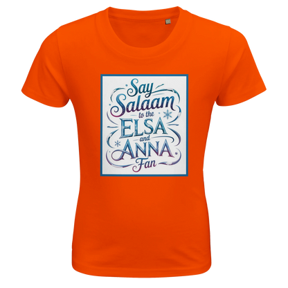Say Salaam to the Elsa and Anna Fan Organic Kids Fitted T-Shirt (Orange / Bright Tangerine / Sunset Orange). Kids t-shirt featuring a decorative illustrated square panel and playful lettering printed across the chest. The expressive graphic styling reflects the magical winter storytelling loved by fans of the Disney Frozen movie and the sisters Elsa and Anna. Soft organic cotton fabric offers breathable comfort and a smooth natural finish for everyday wear, Let It Go music and animated fairy-tale films.