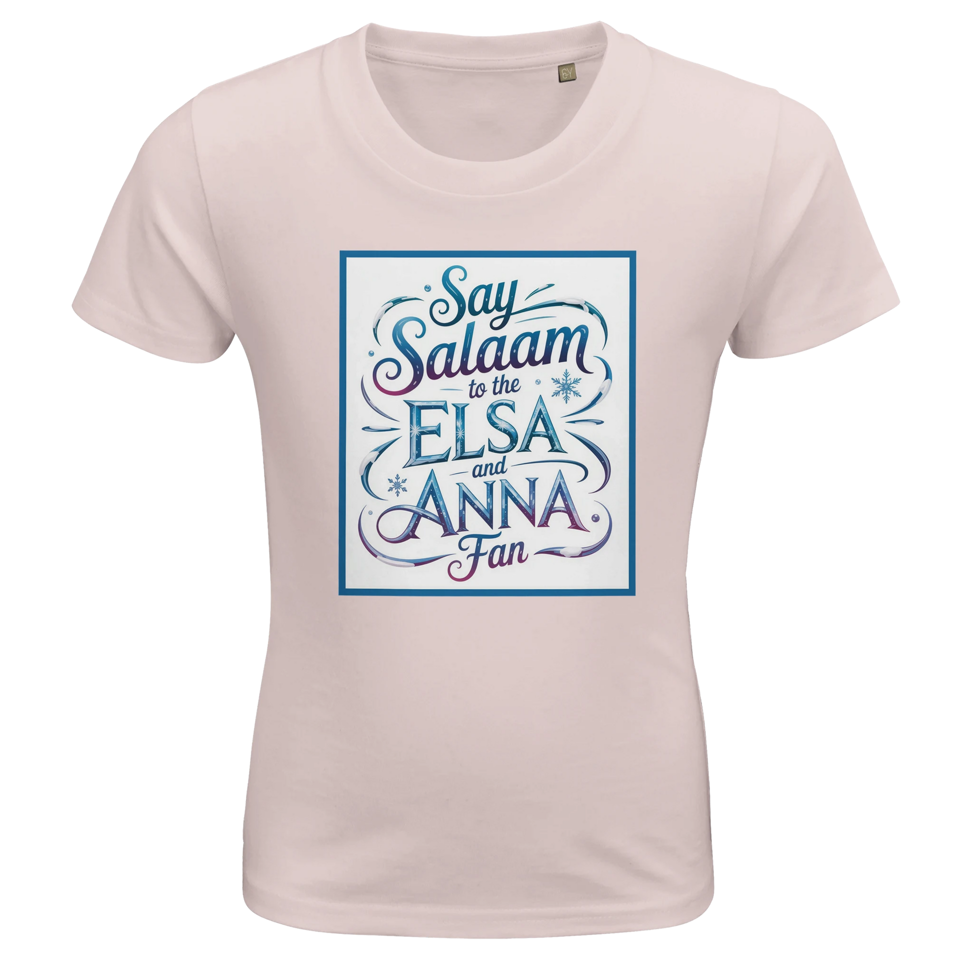 Say Salaam to the Elsa and Anna Fan Organic Kids Fitted T-Shirt (Pale Pink / Soft Blush / Petal Pink). Kids t-shirt featuring a decorative illustrated square panel and playful lettering printed across the chest. The whimsical graphic styling echoes the magical winter themes loved by fans of the Disney Frozen movie and the sisters Elsa and Anna. Soft organic cotton fabric provides breathable comfort and a natural finish for everyday wear, Let It Go sing-alongs and animated Disney princess adventures.