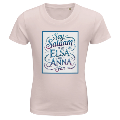 Say Salaam to the Elsa and Anna Fan Organic Kids Fitted T-Shirt (Pale Pink / Soft Blush / Petal Pink). Kids t-shirt featuring a decorative illustrated square panel and playful lettering printed across the chest. The whimsical graphic styling echoes the magical winter themes loved by fans of the Disney Frozen movie and the sisters Elsa and Anna. Soft organic cotton fabric provides breathable comfort and a natural finish for everyday wear, Let It Go sing-alongs and animated Disney princess adventures.