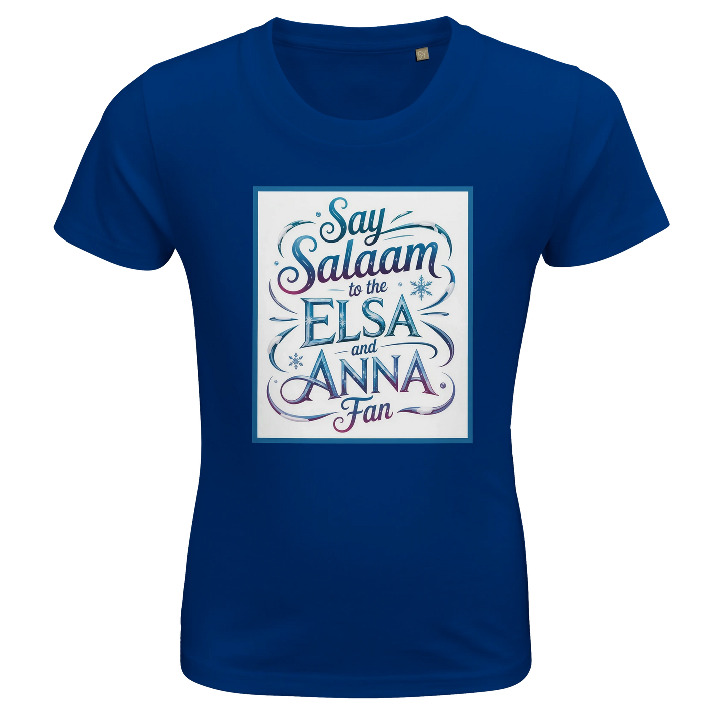 Say Salaam to the Elsa and Anna Fan Organic Kids Fitted T-Shirt (Royal Blue / Deep Sapphire Blue). Kids t-shirt featuring a decorative illustrated square panel and playful lettering printed across the chest. The swirling graphic styling reflects the magical icy themes loved by fans of the Disney Frozen movie and the beloved sisters Elsa and Anna. Soft organic cotton fabric provides breathable comfort and durability for everyday clothing and Let It Go sing-alongs & animated Disney fairy-tale princess films.