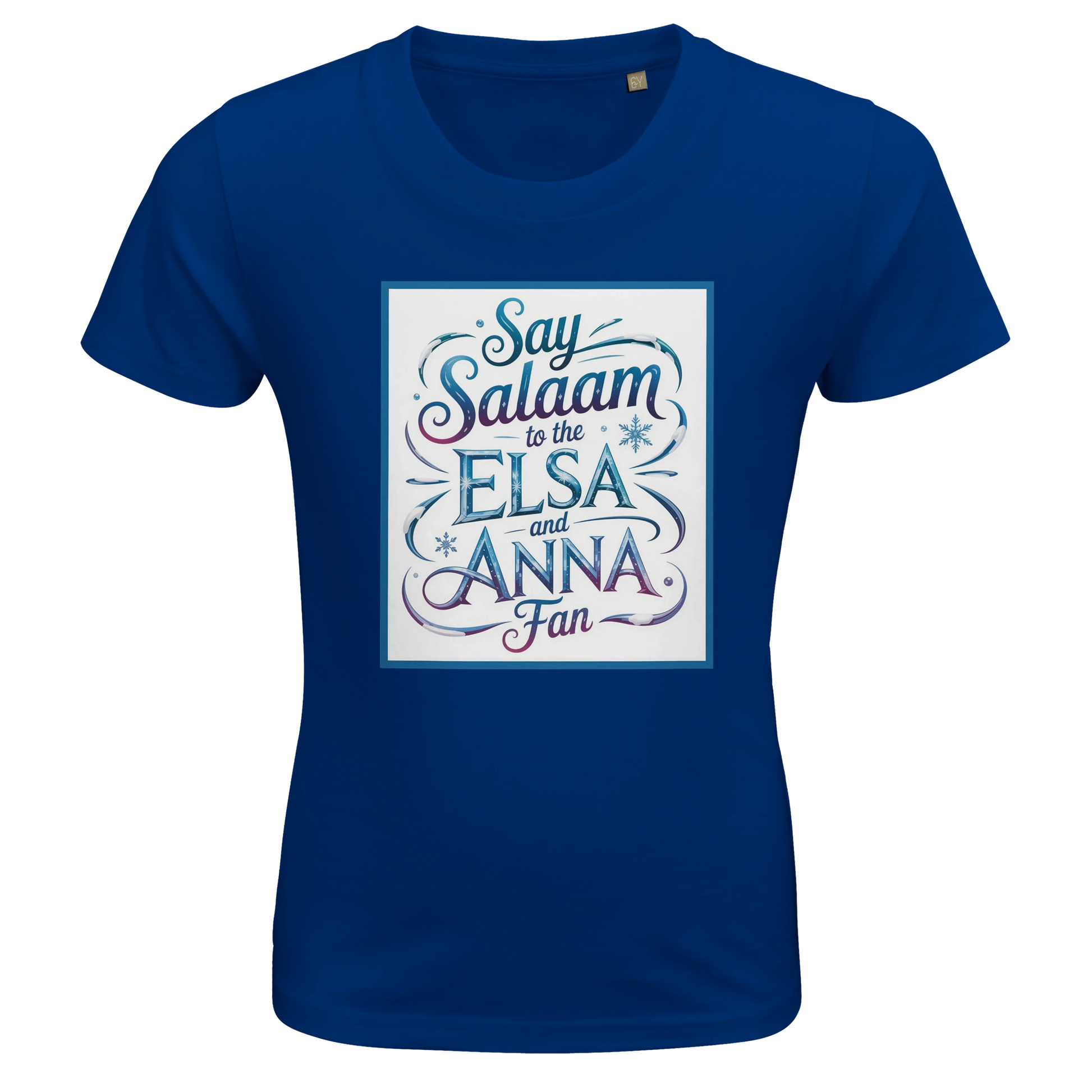 Say Salaam to the Elsa and Anna Fan Organic Kids Fitted T-Shirt (Royal Blue / Deep Sapphire Blue). Kids t-shirt featuring a decorative illustrated square panel and playful lettering printed across the chest. The swirling graphic styling reflects the magical icy themes loved by fans of the Disney Frozen movie and the beloved sisters Elsa and Anna. Soft organic cotton fabric provides breathable comfort and durability for everyday clothing and Let It Go sing-alongs & animated Disney fairy-tale princess films.