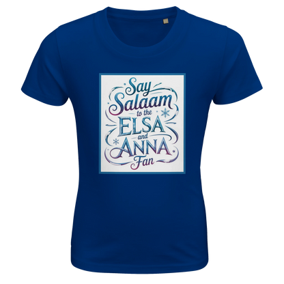 Say Salaam to the Elsa and Anna Fan Organic Kids Fitted T-Shirt (Royal Blue / Deep Sapphire Blue). Kids t-shirt featuring a decorative illustrated square panel and playful lettering printed across the chest. The swirling graphic styling reflects the magical icy themes loved by fans of the Disney Frozen movie and the beloved sisters Elsa and Anna. Soft organic cotton fabric provides breathable comfort and durability for everyday clothing and Let It Go sing-alongs & animated Disney fairy-tale princess films.