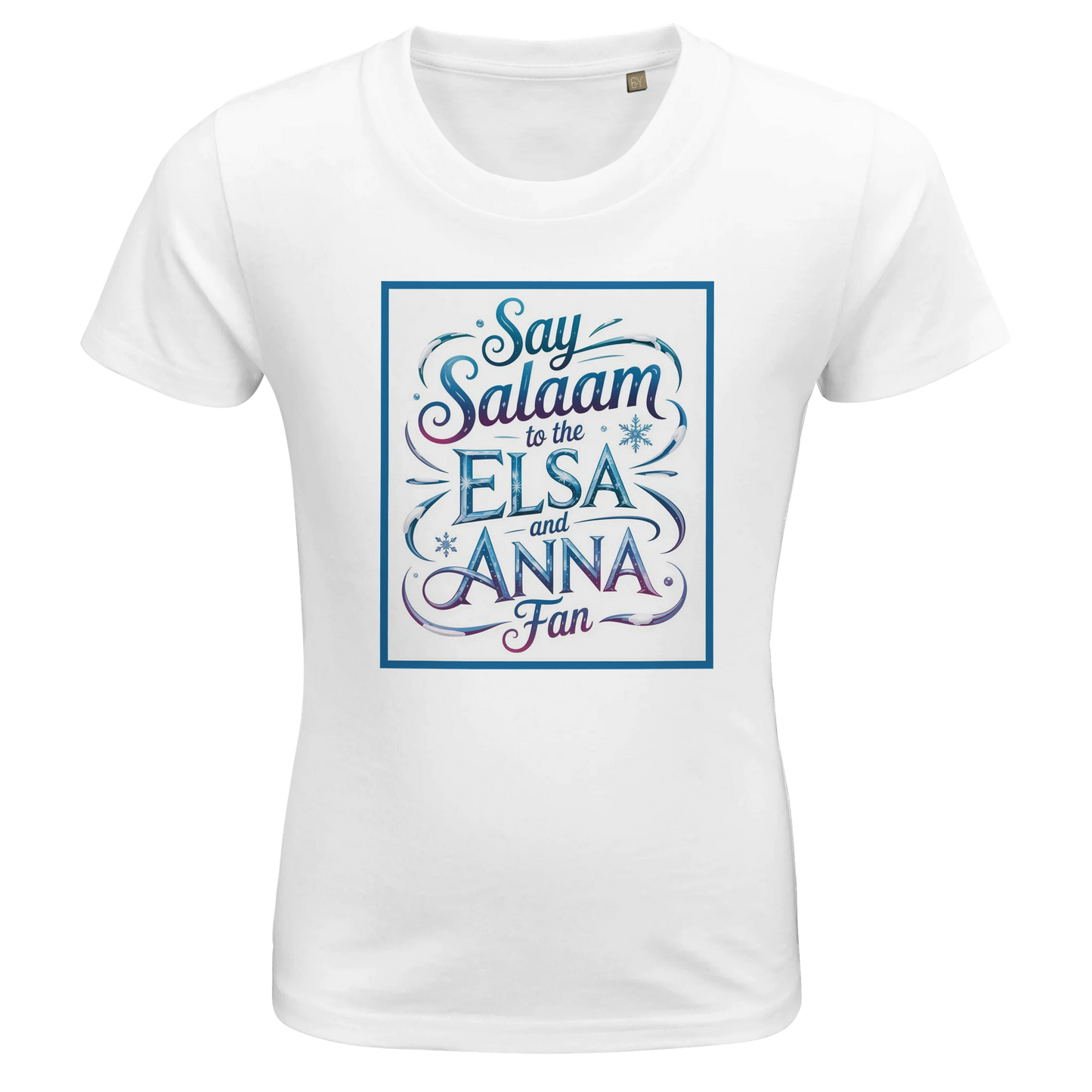 Say Salaam to the Elsa and Anna Fan Organic Kids Fitted T-Shirt (White / Cotton White / Snow White). Kids t-shirt featuring a decorative illustrated square panel and playful lettering printed across the chest. The swirling graphic styling reflects the magical winter aesthetic loved by fans of the Disney Frozen movie and its famous sister characters Elsa and Anna. Soft organic cotton fabric shirt offers breathable comfort and a natural finish for everyday clothing for children who enjoy princess stories.