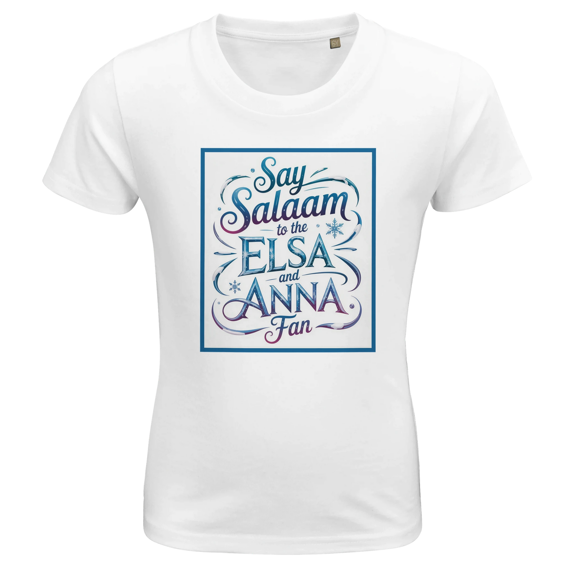 Say Salaam to the Elsa and Anna Fan Organic Kids Fitted T-Shirt (White / Cotton White / Snow White). Kids t-shirt featuring a decorative illustrated square panel and playful lettering printed across the chest. The swirling graphic styling reflects the magical winter aesthetic loved by fans of the Disney Frozen movie and its famous sister characters Elsa and Anna. Soft organic cotton fabric shirt offers breathable comfort and a natural finish for everyday clothing for children who enjoy princess stories.