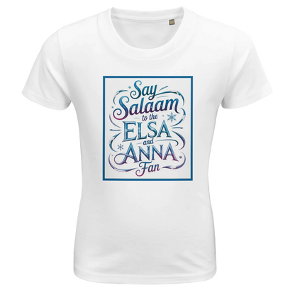 Say Salaam to the Elsa and Anna Fan Organic Kids Fitted T-Shirt (White / Cotton White / Snow White). Kids t-shirt featuring a decorative illustrated square panel and playful lettering printed across the chest. The swirling graphic styling reflects the magical winter aesthetic loved by fans of the Disney Frozen movie and its famous sister characters Elsa and Anna. Soft organic cotton fabric shirt offers breathable comfort and a natural finish for everyday clothing for children who enjoy princess stories.