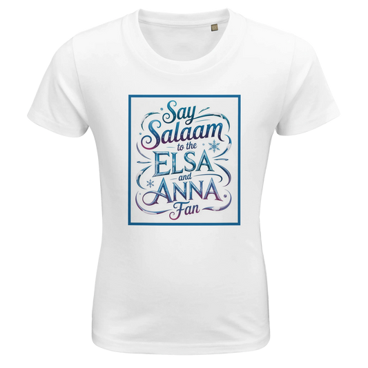 Say Salaam to the Elsa and Anna Fan Organic Kids Fitted T-Shirt (White / Cotton White / Snow White). Kids t-shirt featuring a decorative illustrated square panel and playful lettering printed across the chest. The swirling graphic styling reflects the magical winter aesthetic loved by fans of the Disney Frozen movie and its famous sister characters Elsa and Anna. Soft organic cotton fabric shirt offers breathable comfort and a natural finish for everyday clothing for children who enjoy princess stories.