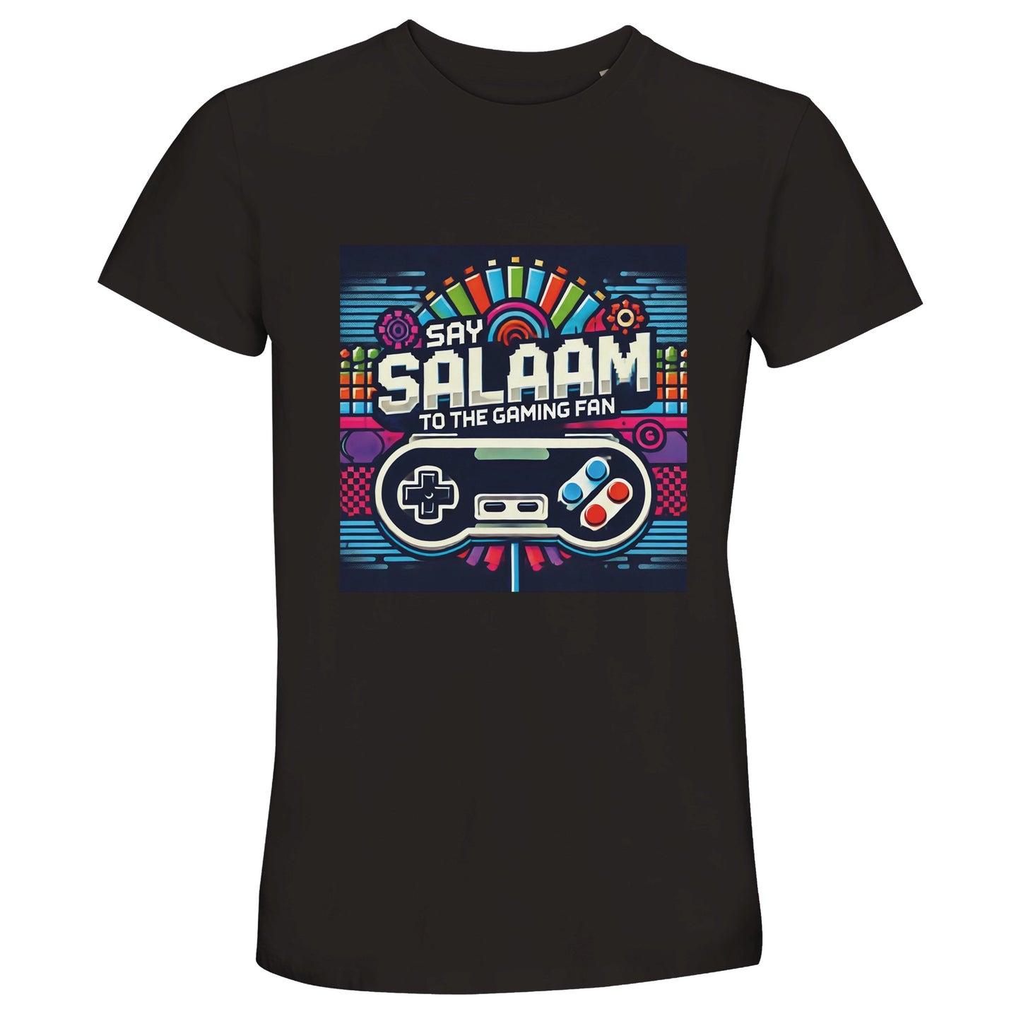 Deep Black / Zeus unisex short-sleeve cotton T-shirt featuring the Say Salaam to the Gaming Fan Design #4 print with bold retro arcade-style graphics, vintage-inspired controller illustration and vibrant multiplayer energy. Designed for Muslim gamers who love PlayStation, Xbox, FIFA and Call of Duty sessions, this modest apparel piece blends Islamic identity with online gaming culture. A comfortable everyday tee from an Islamic shop celebrating faith, five daily prayers and digital community in one expressi