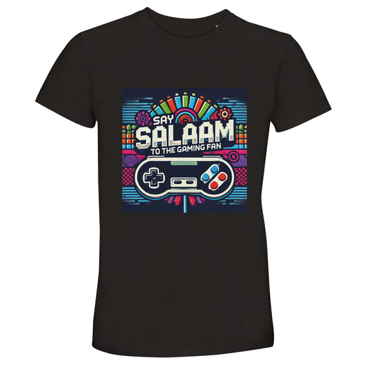 Deep Black / Zeus unisex short-sleeve cotton T-shirt featuring the Say Salaam to the Gaming Fan Design #4 print with bold retro arcade-style graphics, vintage-inspired controller illustration and vibrant multiplayer energy. Designed for Muslim gamers who love PlayStation, Xbox, FIFA and Call of Duty sessions, this modest apparel piece blends Islamic identity with online gaming culture. A comfortable everyday tee from an Islamic shop celebrating faith, five daily prayers and digital community in one expressi