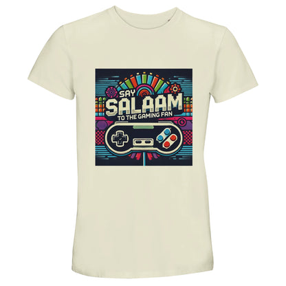 Natural / Moon Mist / Satin Linen / Beige unisex short-sleeve cotton T-shirt showcasing the Say Salaam to the Gaming Fan Design artwork in retro console colours with vintage arcade typography and classic controller detail. Ideal for Muslim gamers enjoying multiplayer matches, PlayStation tournaments, Xbox battles, FIFA leagues and COD nights, this modest wear essential pairs Islamic expression with gaming passion. A soft, versatile tee from a Muslim clothing brand linking faith, 5 pillars and digital play.