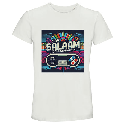 White / Platinum unisex short-sleeve cotton T-shirt displaying the Say Salaam to the Gaming Fan Design graphic with bright retro arcade visuals, vintage gaming controller art and colourful online multiplayer aesthetic. Created for Muslim gamers across PlayStation and Xbox communities, from FIFA fans to Call of Duty players, this modest apparel staple reflects Islamic pride and everyday style. A clean, breathable tee from an Islamic shop connecting faith, five prayers a day and gaming culture.