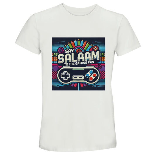 White / Platinum unisex short-sleeve cotton T-shirt displaying the Say Salaam to the Gaming Fan Design graphic with bright retro arcade visuals, vintage gaming controller art and colourful online multiplayer aesthetic. Created for Muslim gamers across PlayStation and Xbox communities, from FIFA fans to Call of Duty players, this modest apparel staple reflects Islamic pride and everyday style. A clean, breathable tee from an Islamic shop connecting faith, five prayers a day and gaming culture.