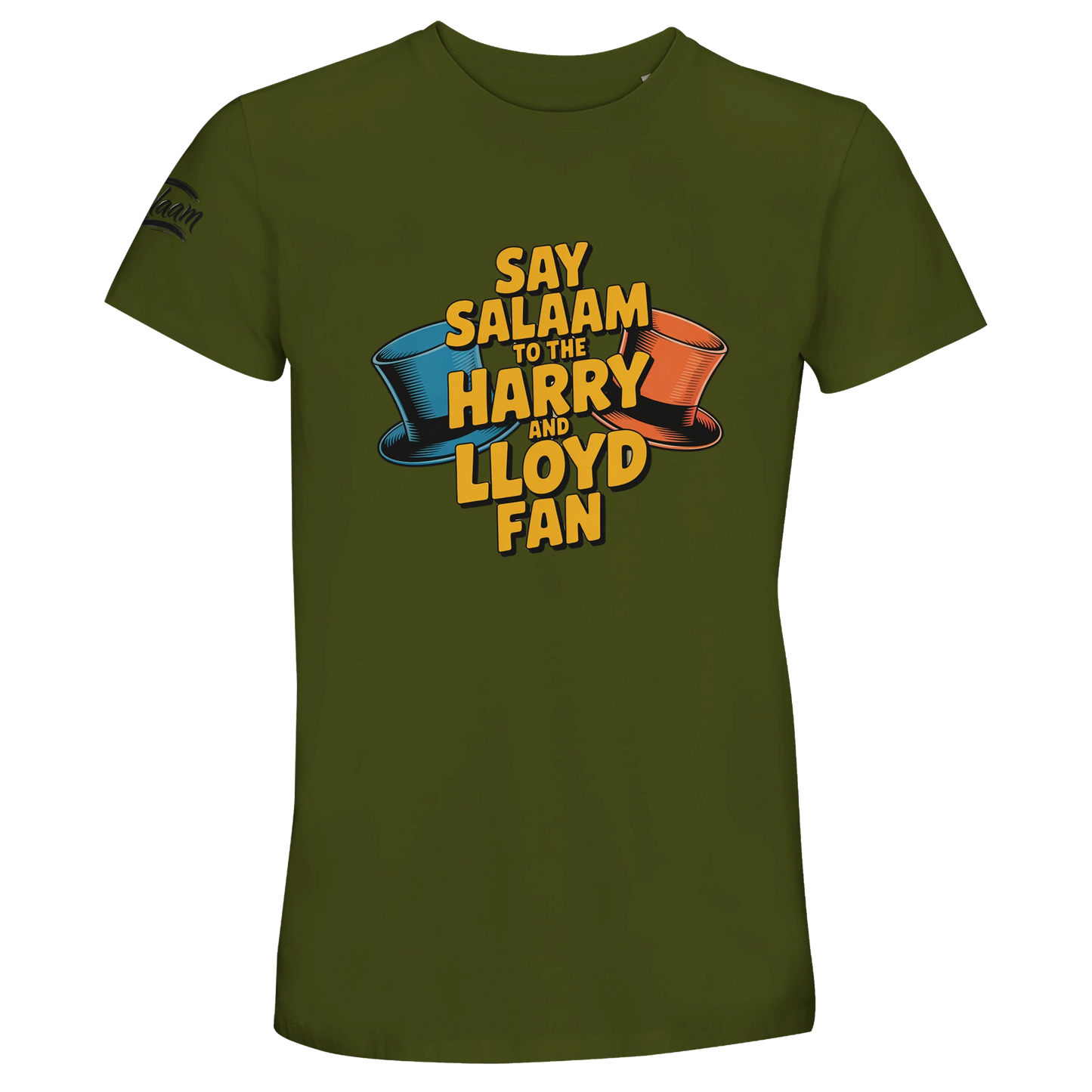 Army / Fuscous Grey unisex t-shirt presenting the Say Salaam to the Harry and Lloyd Fan illustration rooted in Dumb and Dumber nostalgia. Referencing the Aspen ski trip, the ridiculous tuxedos and Jim Carrey’s over-the-top performance alongside Jeff Daniels, this deep tone gives the tribute a vintage retro merch feel. Muslim streetwear blending humour with meaningful Salaam messaging.