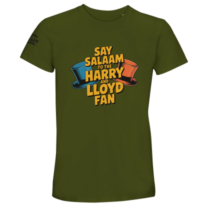 Army / Fuscous Grey unisex t-shirt presenting the Say Salaam to the Harry and Lloyd Fan illustration rooted in Dumb and Dumber nostalgia. Referencing the Aspen ski trip, the ridiculous tuxedos and Jim Carrey’s over-the-top performance alongside Jeff Daniels, this deep tone gives the tribute a vintage retro merch feel. Muslim streetwear blending humour with meaningful Salaam messaging.