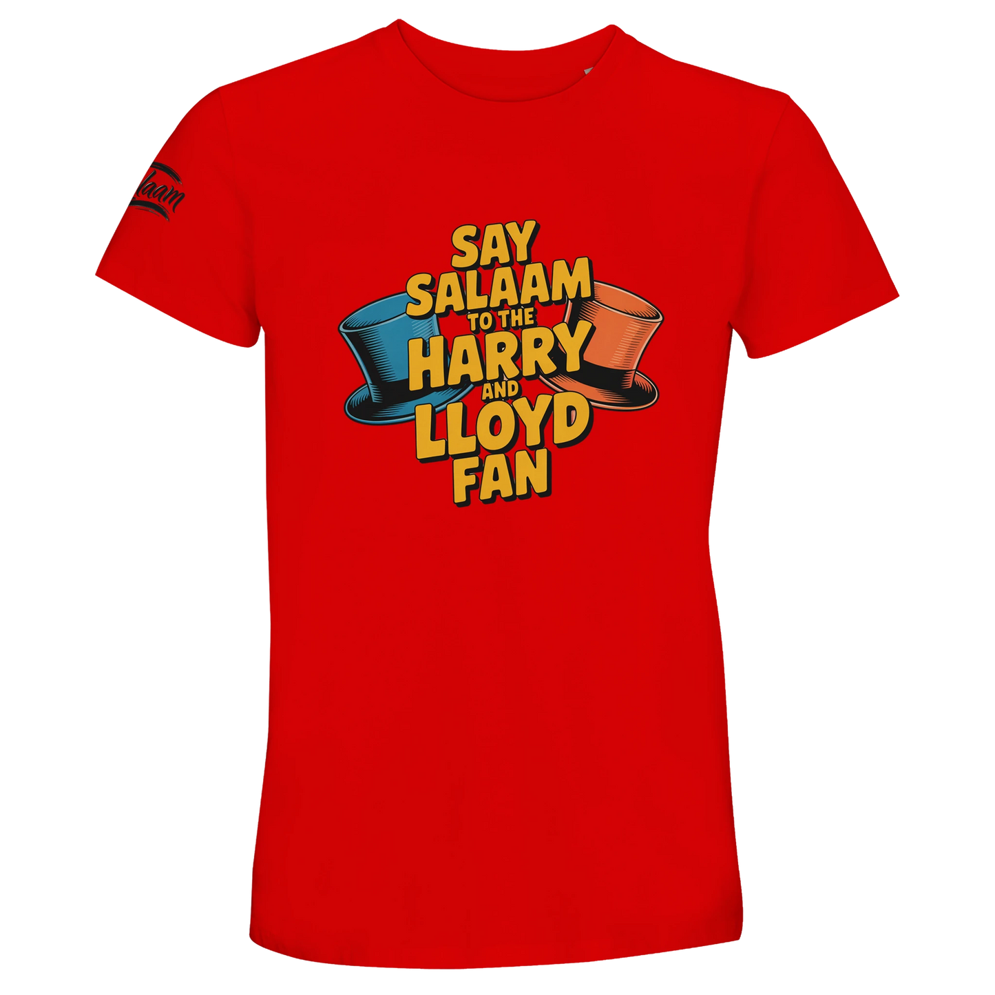 Bright Red / Rosso Corsa unisex cotton t-shirt featuring the Say Salaam to the Harry and Lloyd Fan graphic inspired by Dumb and Dumber. Celebrating the chaotic charm of Jim Carrey’s Lloyd Christmas and Jeff Daniels’ Harry Dunne, this bold colourway amplifies the energy of the film’s most outrageous scenes. A playful Muslim-friendly streetwear option for comedy lovers.