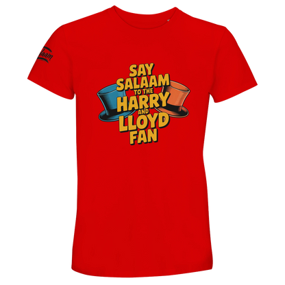 Bright Red / Rosso Corsa unisex cotton t-shirt featuring the Say Salaam to the Harry and Lloyd Fan graphic inspired by Dumb and Dumber. Celebrating the chaotic charm of Jim Carrey’s Lloyd Christmas and Jeff Daniels’ Harry Dunne, this bold colourway amplifies the energy of the film’s most outrageous scenes. A playful Muslim-friendly streetwear option for comedy lovers.