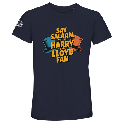 French Navy / Ebony Clay unisex cotton t-shirt displaying the Say Salaam to the Harry and Lloyd Fan design inspired by Dumb and Dumber. A nod to Jim Carrey and Jeff Daniels’ cult classic comedy, capturing the spirit of road trip madness, ridiculous loyalty and timeless slapstick humour. Rich navy base enhances the bold graphic while keeping the peaceful message front and centre.