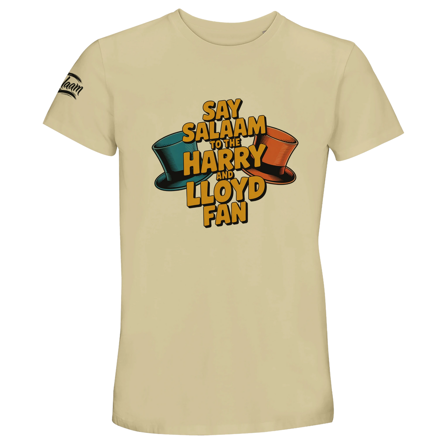 Natural / Moon Mist / Satin Linen / Beige unisex t-shirt displaying the Say Salaam to the Harry and Lloyd Fan design, directly inspired by Dumb and Dumber and its iconic tuxedos and Aspen adventure. Referencing the legendary performances of Jim Carrey and Jeff Daniels, this tee captures the absurd humour of the 1994 comedy classic. A modest Muslim-friendly crossover piece merging pop culture and positive expression.