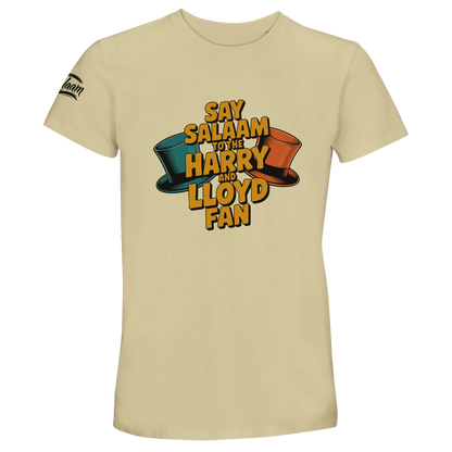 Natural / Moon Mist / Satin Linen / Beige unisex t-shirt displaying the Say Salaam to the Harry and Lloyd Fan design, directly inspired by Dumb and Dumber and its iconic tuxedos and Aspen adventure. Referencing the legendary performances of Jim Carrey and Jeff Daniels, this tee captures the absurd humour of the 1994 comedy classic. A modest Muslim-friendly crossover piece merging pop culture and positive expression.