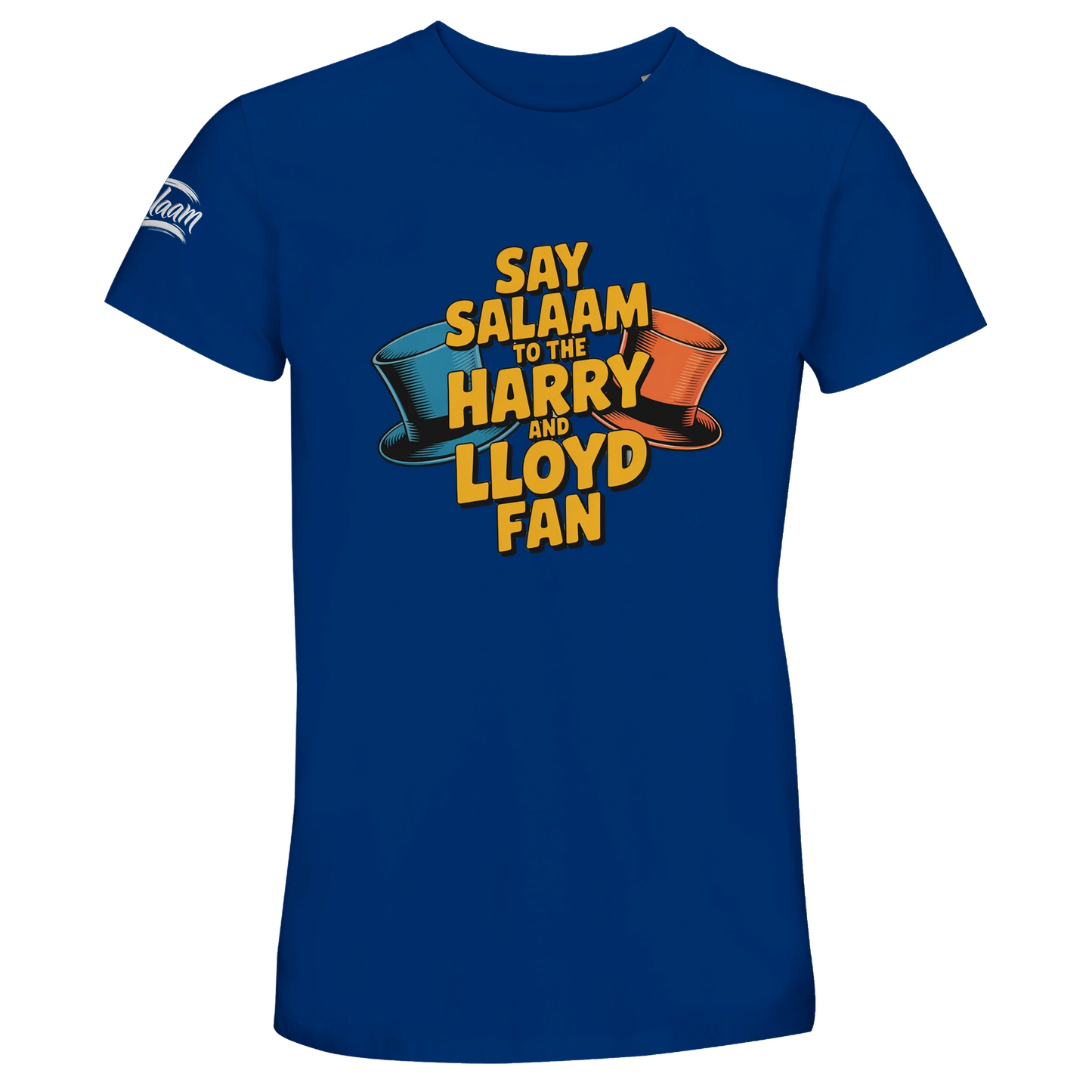 Royal Blue / Dark Midnight Blue unisex t-shirt featuring the Say Salaam to the Harry and Lloyd Fan graphic inspired by Dumb and Dumber. From the blue and orange tuxedos to the most annoying sound in the world, this design honours Jim Carrey and Jeff Daniels’ unforgettable duo. Vibrant colour paired with film nostalgia and positive Salaam energy in cheap priced t shirt for those who love the movie.