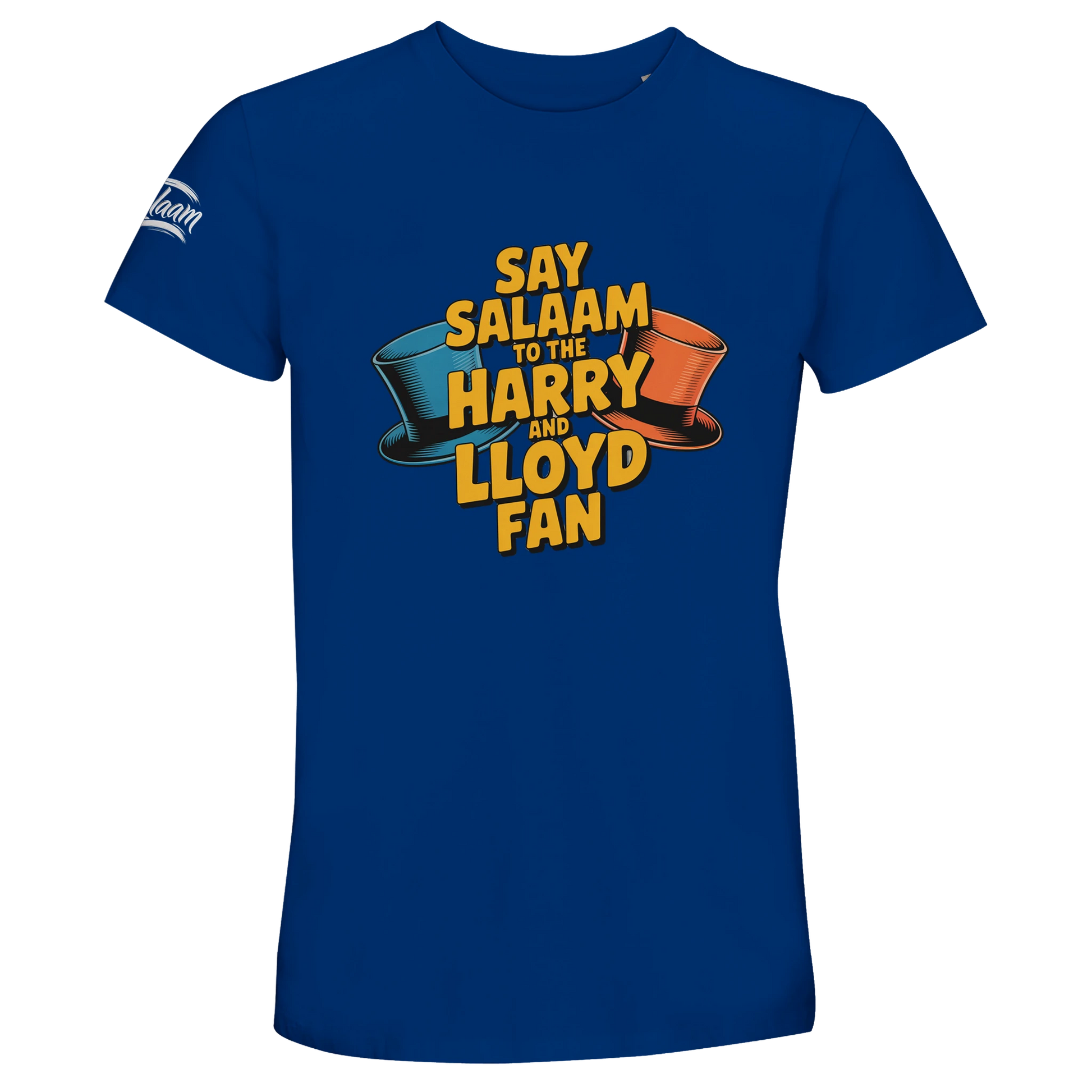 Royal Blue / Dark Midnight Blue unisex t-shirt featuring the Say Salaam to the Harry and Lloyd Fan graphic inspired by Dumb and Dumber. From the blue and orange tuxedos to the most annoying sound in the world, this design honours Jim Carrey and Jeff Daniels’ unforgettable duo. Vibrant colour paired with film nostalgia and positive Salaam energy in cheap priced t shirt for those who love the movie.