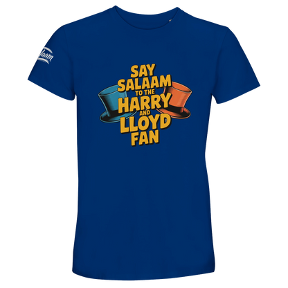 Royal Blue / Dark Midnight Blue unisex t-shirt featuring the Say Salaam to the Harry and Lloyd Fan graphic inspired by Dumb and Dumber. From the blue and orange tuxedos to the most annoying sound in the world, this design honours Jim Carrey and Jeff Daniels’ unforgettable duo. Vibrant colour paired with film nostalgia and positive Salaam energy in cheap priced t shirt for those who love the movie.