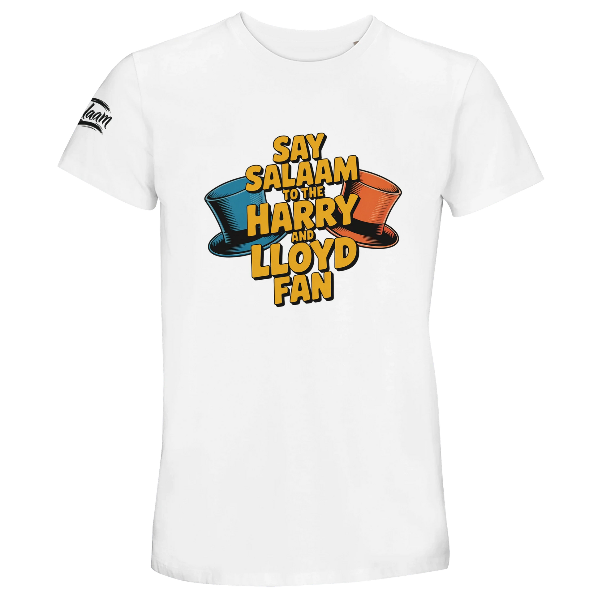 White / Platinum unisex cotton t-shirt featuring the Say Salaam to the Harry and Lloyd Fan graphic with blue and orange top hats illustration inspired by the Dumb and Dumber movie. A tribute to the cult comedy starring Jim Carrey and Jeff Daniels, celebrating Harry and Lloyd’s unforgettable road trip chaos and that infamous most annoying sound in the world scene. Muslim-friendly streetwear blending film nostalgia with peaceful Salaam messaging.