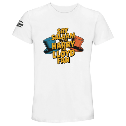 White / Platinum unisex cotton t-shirt featuring the Say Salaam to the Harry and Lloyd Fan graphic with blue and orange top hats illustration inspired by the Dumb and Dumber movie. A tribute to the cult comedy starring Jim Carrey and Jeff Daniels, celebrating Harry and Lloyd’s unforgettable road trip chaos and that infamous most annoying sound in the world scene. Muslim-friendly streetwear blending film nostalgia with peaceful Salaam messaging.