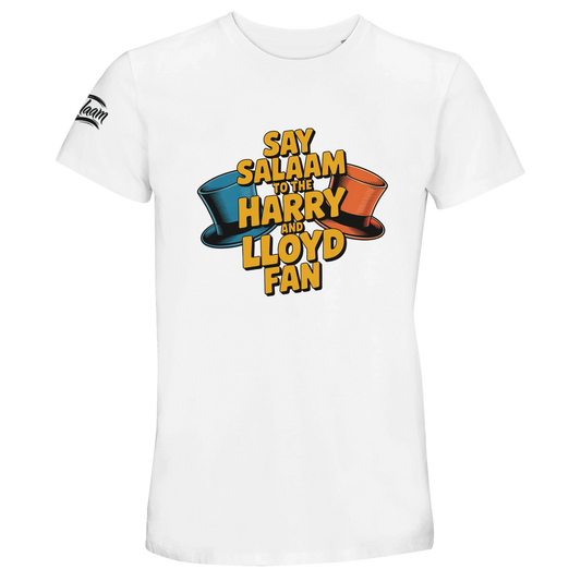 White / Platinum unisex cotton t-shirt featuring the Say Salaam to the Harry and Lloyd Fan graphic with blue and orange top hats illustration inspired by the Dumb and Dumber movie. A tribute to the cult comedy starring Jim Carrey and Jeff Daniels, celebrating Harry and Lloyd’s unforgettable road trip chaos and that infamous most annoying sound in the world scene. Muslim-friendly streetwear blending film nostalgia with peaceful Salaam messaging.