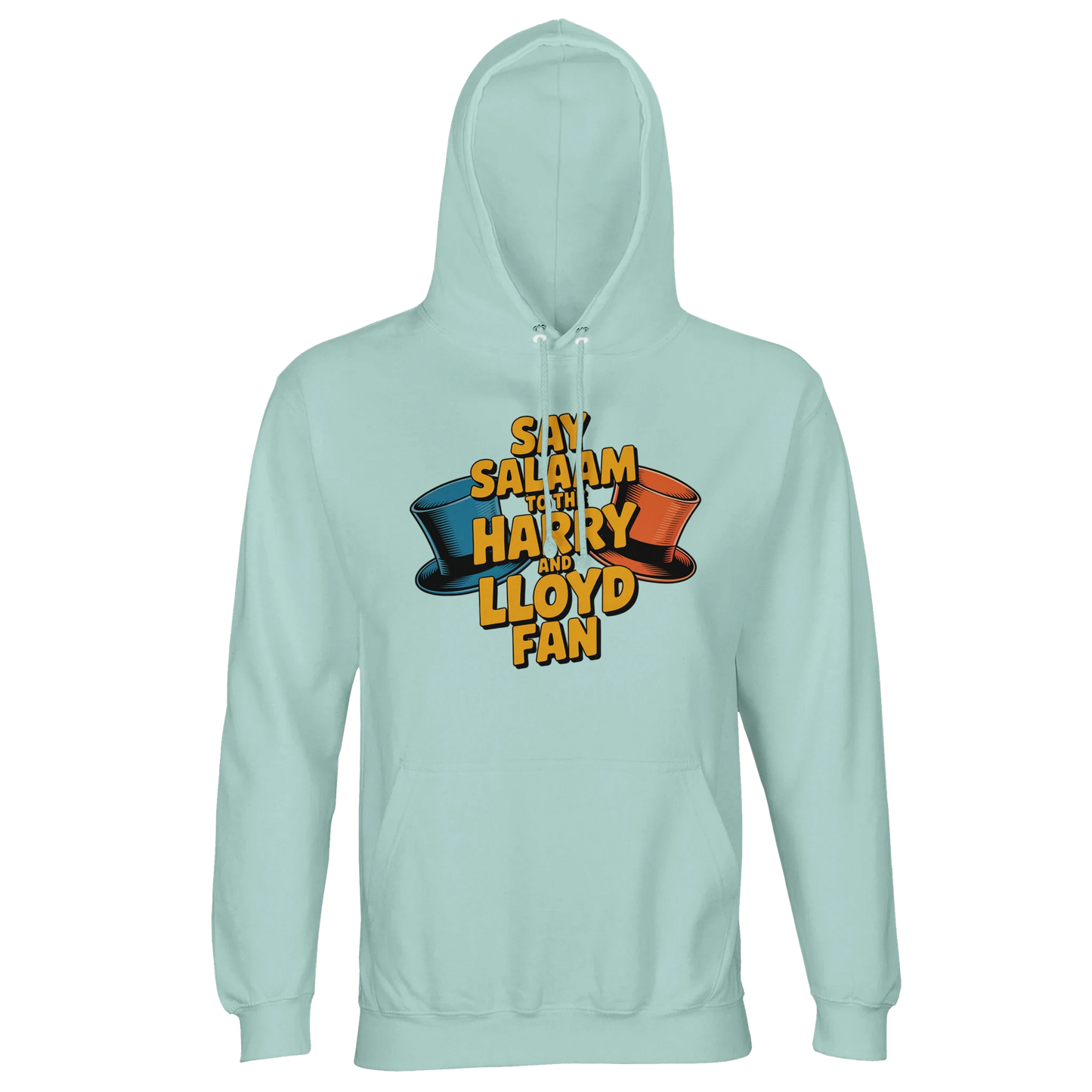 Arctic Blue / Cadet Blue unisex hooded jumper featuring the Say Salaam to the Harry and Lloyd Fan design inspired by Dumb and Dumber’s iconic blue and orange tuxedo moment. Celebrating Jim Carrey and Jeff Daniels’ unforgettable performances and the Aspen adventure storyline, this brushed fleece recycled cotton hoodie offers warmth, comfort and subtle 90s comedy tribute styling. Muslim-friendly crossover film streetwear.
