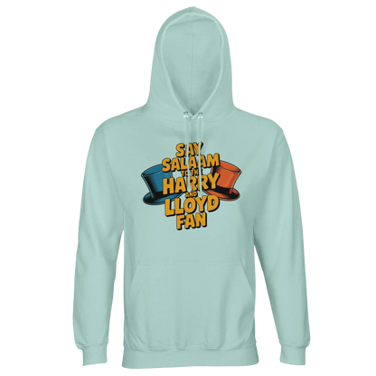 Arctic Blue / Cadet Blue unisex hooded jumper featuring the Say Salaam to the Harry and Lloyd Fan design inspired by Dumb and Dumber’s iconic blue and orange tuxedo moment. Celebrating Jim Carrey and Jeff Daniels’ unforgettable performances and the Aspen adventure storyline, this brushed fleece recycled cotton hoodie offers warmth, comfort and subtle 90s comedy tribute styling. Muslim-friendly crossover film streetwear.