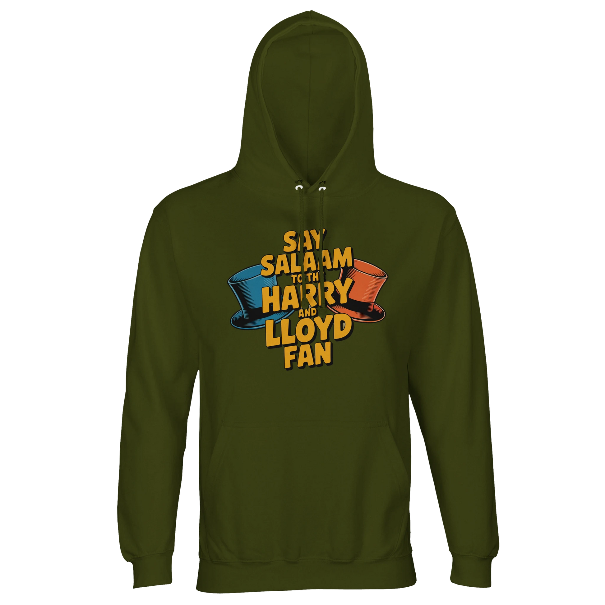 Army colour unisex recycled cotton-poly hoodie displaying the Say Salaam to the Harry and Lloyd Fan illustration inspired by Dumb and Dumber. A tribute to the outrageous tuxedo scene, the dog van journey and the infamous most annoying sound in the world moment delivered by Jim Carrey and Jeff Daniels. Soft brushed fleece hooded sweatshirt with lined hood and drawstrings, blending retro comedy nostalgia with peaceful Salaam messaging and modest streetwear appeal.