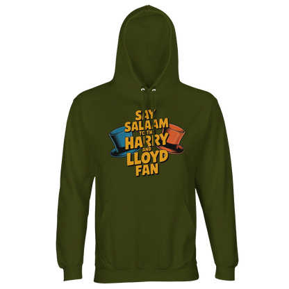Army colour unisex recycled cotton-poly hoodie displaying the Say Salaam to the Harry and Lloyd Fan illustration inspired by Dumb and Dumber. A tribute to the outrageous tuxedo scene, the dog van journey and the infamous most annoying sound in the world moment delivered by Jim Carrey and Jeff Daniels. Soft brushed fleece hooded sweatshirt with lined hood and drawstrings, blending retro comedy nostalgia with peaceful Salaam messaging and modest streetwear appeal.
