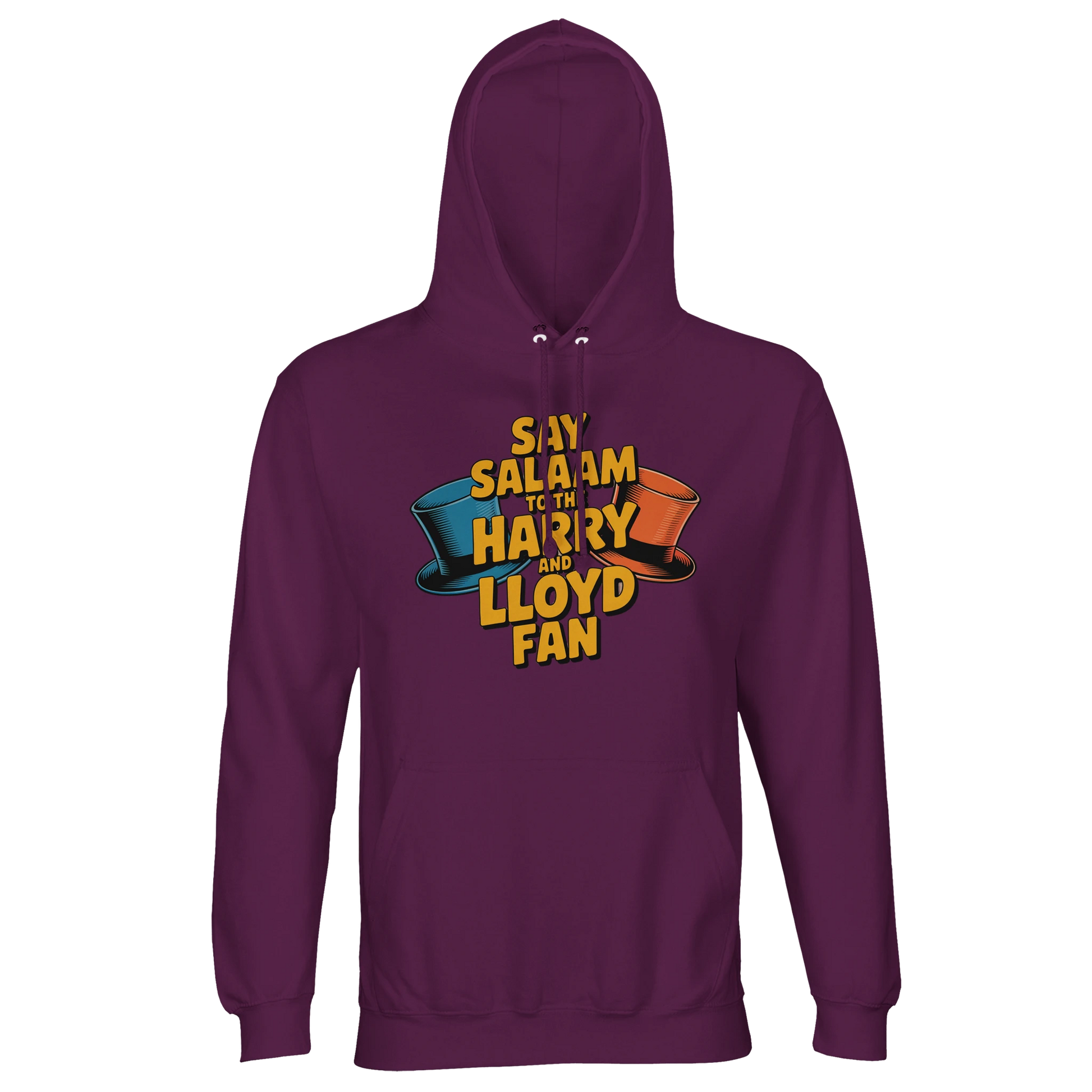 Astral Purple / Wine Berry / Reddish Magenta unisex cotton-poly hooded jumper showcasing the Say Salaam to the Harry and Lloyd Fan artwork, inspired by Dumb and Dumber’s legendary 90s comedy chaos. From the orange and blue tuxedos to the suitcase of cash storyline and the most annoying sound in the world scene, this design celebrates Jim Carrey and Jeff Daniels as Lloyd Christmas and Harry Dunne. Brushed fleece recycled blend hoodie, modest Muslim-friendly streetwear with bold colour, warmth and film energy