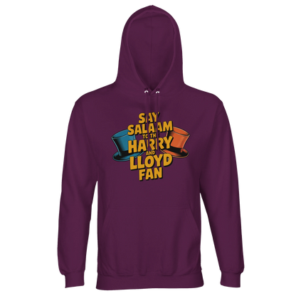 Astral Purple / Wine Berry / Reddish Magenta unisex cotton-poly hooded jumper showcasing the Say Salaam to the Harry and Lloyd Fan artwork, inspired by Dumb and Dumber’s legendary 90s comedy chaos. From the orange and blue tuxedos to the suitcase of cash storyline and the most annoying sound in the world scene, this design celebrates Jim Carrey and Jeff Daniels as Lloyd Christmas and Harry Dunne. Brushed fleece recycled blend hoodie, modest Muslim-friendly streetwear with bold colour, warmth and film energy