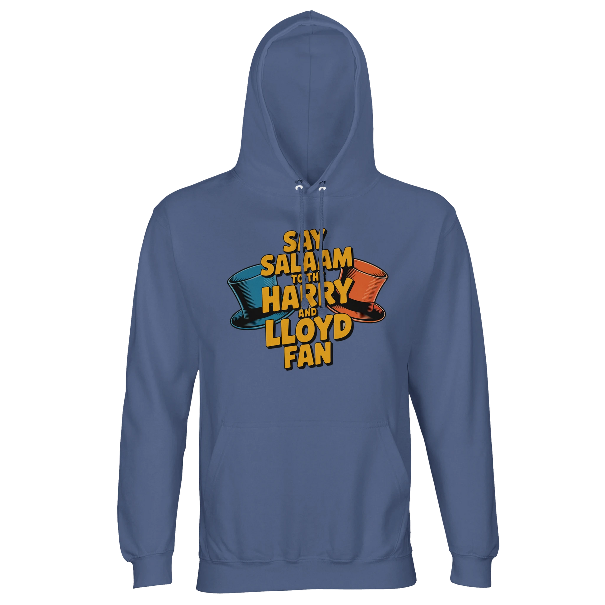 Blue / Marble Blue / Blue-Grey / Waikawa Grey unisex recycled hoodie showcasing the Say Salaam to the Harry and Lloyd Fan artwork inspired by Dumb and Dumber. A fun nod to the iconic blue tuxedo vibe, the dog van antics, Aspen obsession and the suitcase of cash plotline, starring Jim Carrey and Jeff Daniels. Brushed fleece cotton-poly hooded jumper with lined hood and drawstrings, warm and comfortable for modest Muslim-friendly streetwear, everyday wear, and film fan gifting.