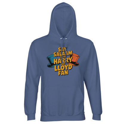 Blue / Marble Blue / Blue-Grey / Waikawa Grey unisex recycled hoodie showcasing the Say Salaam to the Harry and Lloyd Fan artwork inspired by Dumb and Dumber. A fun nod to the iconic blue tuxedo vibe, the dog van antics, Aspen obsession and the suitcase of cash plotline, starring Jim Carrey and Jeff Daniels. Brushed fleece cotton-poly hooded jumper with lined hood and drawstrings, warm and comfortable for modest Muslim-friendly streetwear, everyday wear, and film fan gifting.