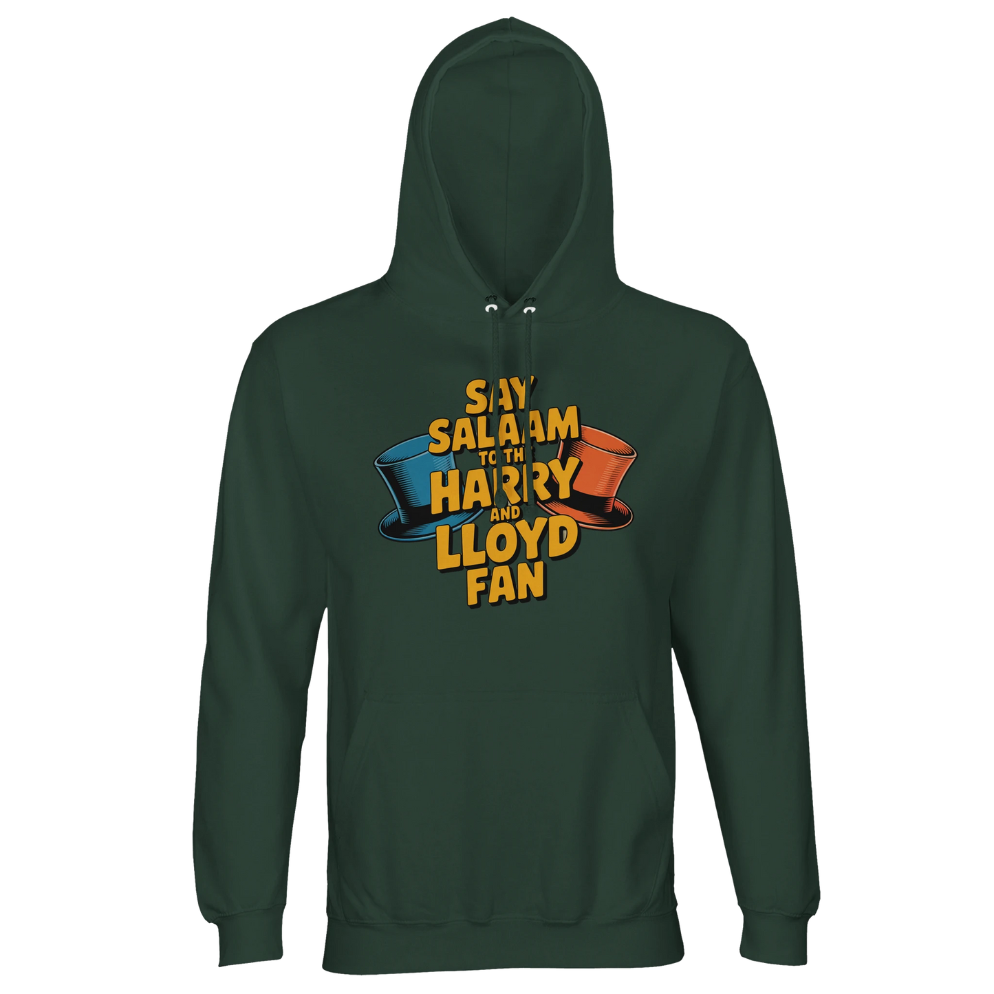 Bottle Green / Outer Space unisex recycled hoodie presenting the Say Salaam to the Harry and Lloyd Fan artwork inspired by Dumb and Dumber’s Aspen storyline and road trip madness. A nod to Lloyd Christmas, Harry Dunne and their chaotic optimism, portrayed by Jim Carrey and Jeff Daniels in the 1994 comedy classic. Substantial brushed fleece hooded sweatshirt designed for film enthusiasts and modest streetwear collectors.